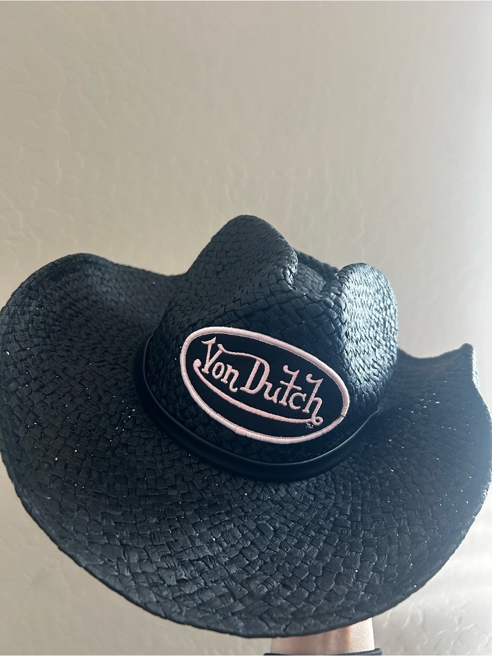 Von Dutch Black Straw Cowboy Hat with Logo Patch
